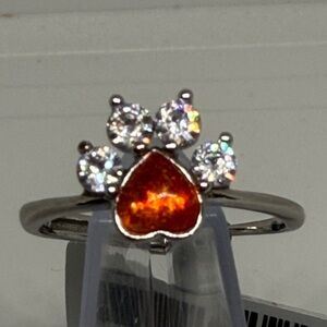 Silver Ring with Orange Natural Sunstone Heart and Clear Stones